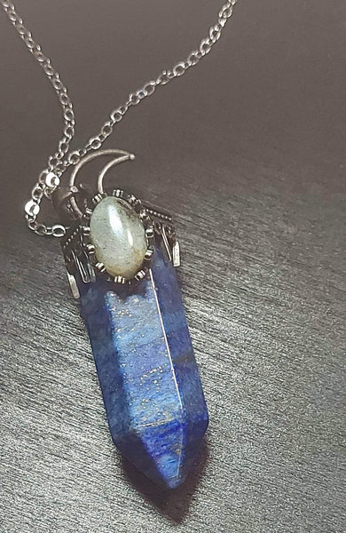 SALE!!! Large Crescent Moon Crystal Pendant with Labradorite Inlay