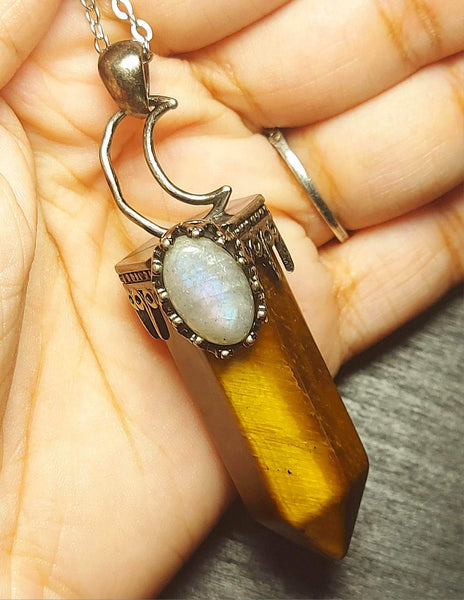 SALE!!! Large Crescent Moon Crystal Pendant with Labradorite Inlay
