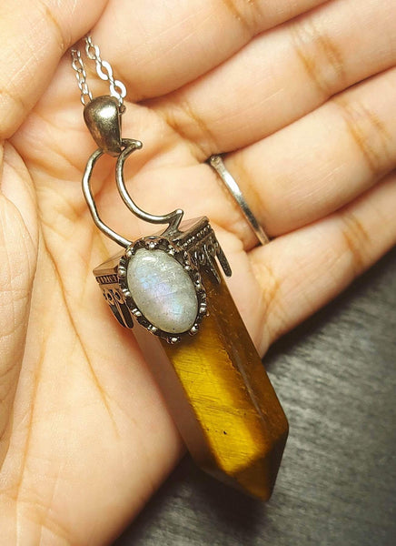 SALE!!! Large Crescent Moon Crystal Pendant with Labradorite Inlay