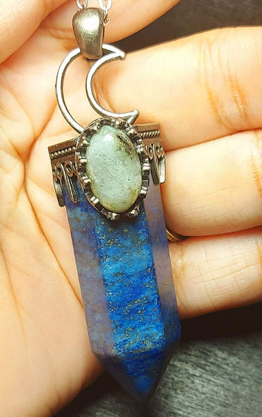 SALE!!! Large Crescent Moon Crystal Pendant with Labradorite Inlay