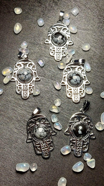 SALE!!! Snowflake Obsidian Hamsa Hand Pendant