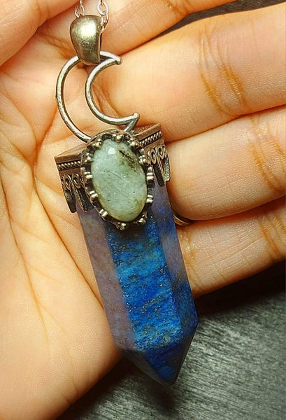 SALE!!! Large Crescent Moon Crystal Pendant with Labradorite Inlay