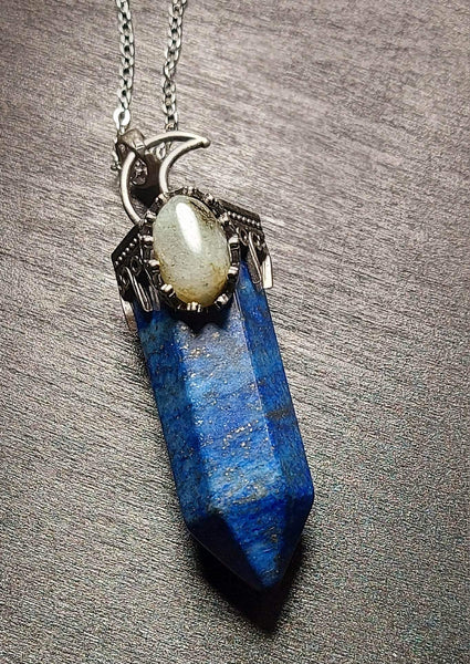 SALE!!! Large Crescent Moon Crystal Pendant with Labradorite Inlay