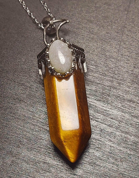 SALE!!! Large Crescent Moon Crystal Pendant with Labradorite Inlay