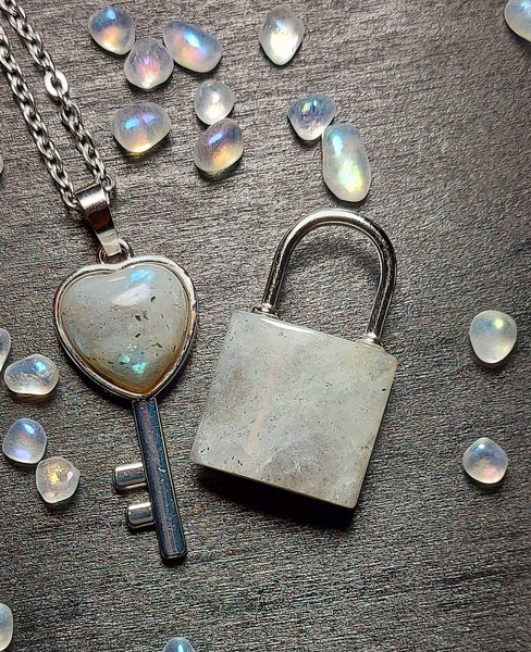 SALE!!! Crystal Lock & Key Pendant Set