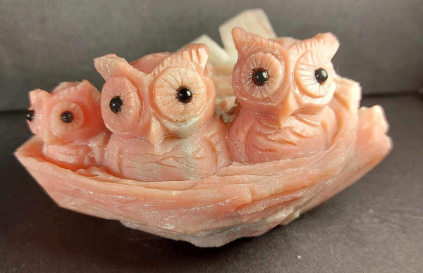 NEW!!! 3 Owl Pink Opal Crystal Carving