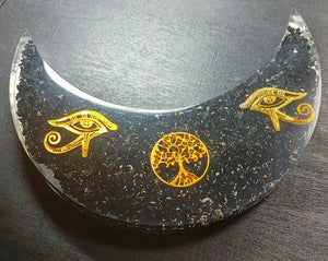SALE: Black Tourmaline Orgonite Crescent Moon with Eye of Horus