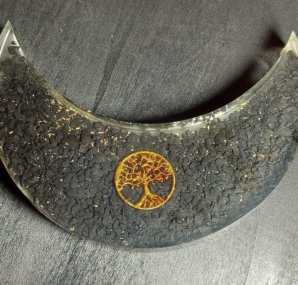 SALE: Black Tourmaline Orgonite Crescent Moon with Tree of life